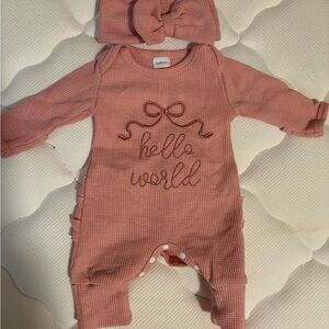 Hello World Pink Baby Romper with Bow Headband